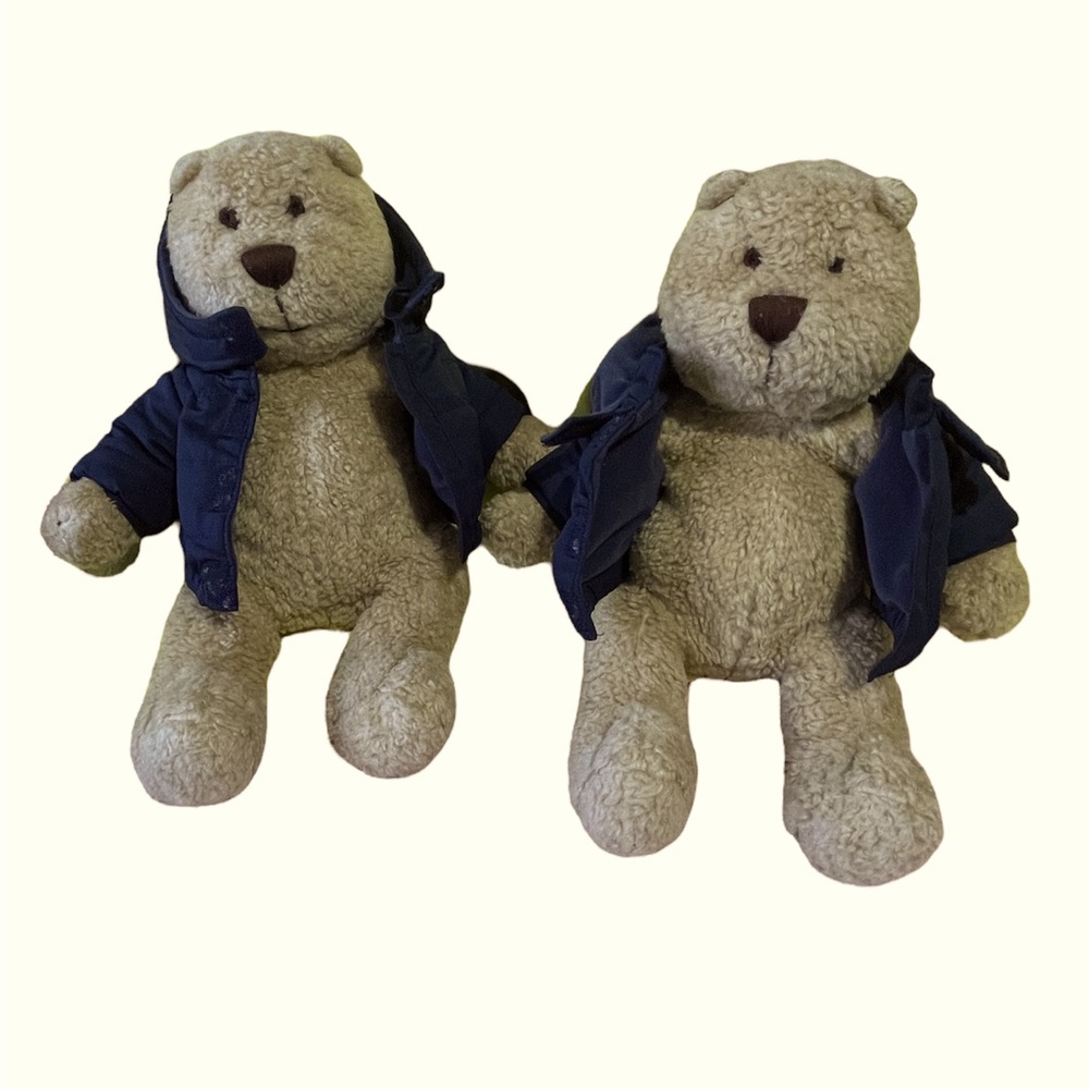 2 Baby Gap Teddy Bear Plush Stuffed Animal Toy With Blue Jacket Brown Fur